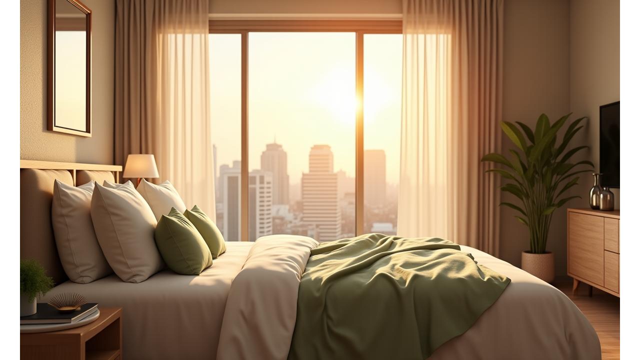 Peaceful bedroom setting with soft, glowing light, symbolizing deep, restorative sleep in an urban environment.